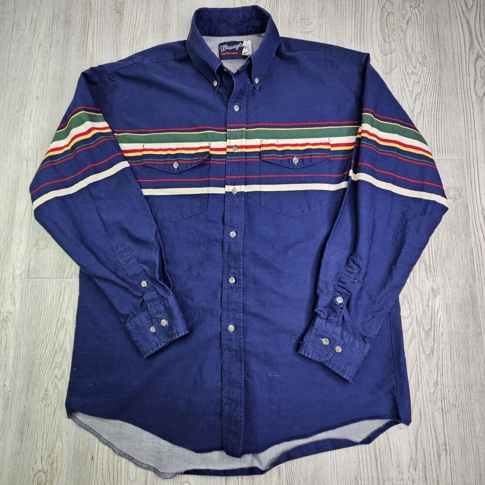 Vintage Wrangler XL Shirt 17x35 Blue Striped Western‎ Cowboy Long Sleeve